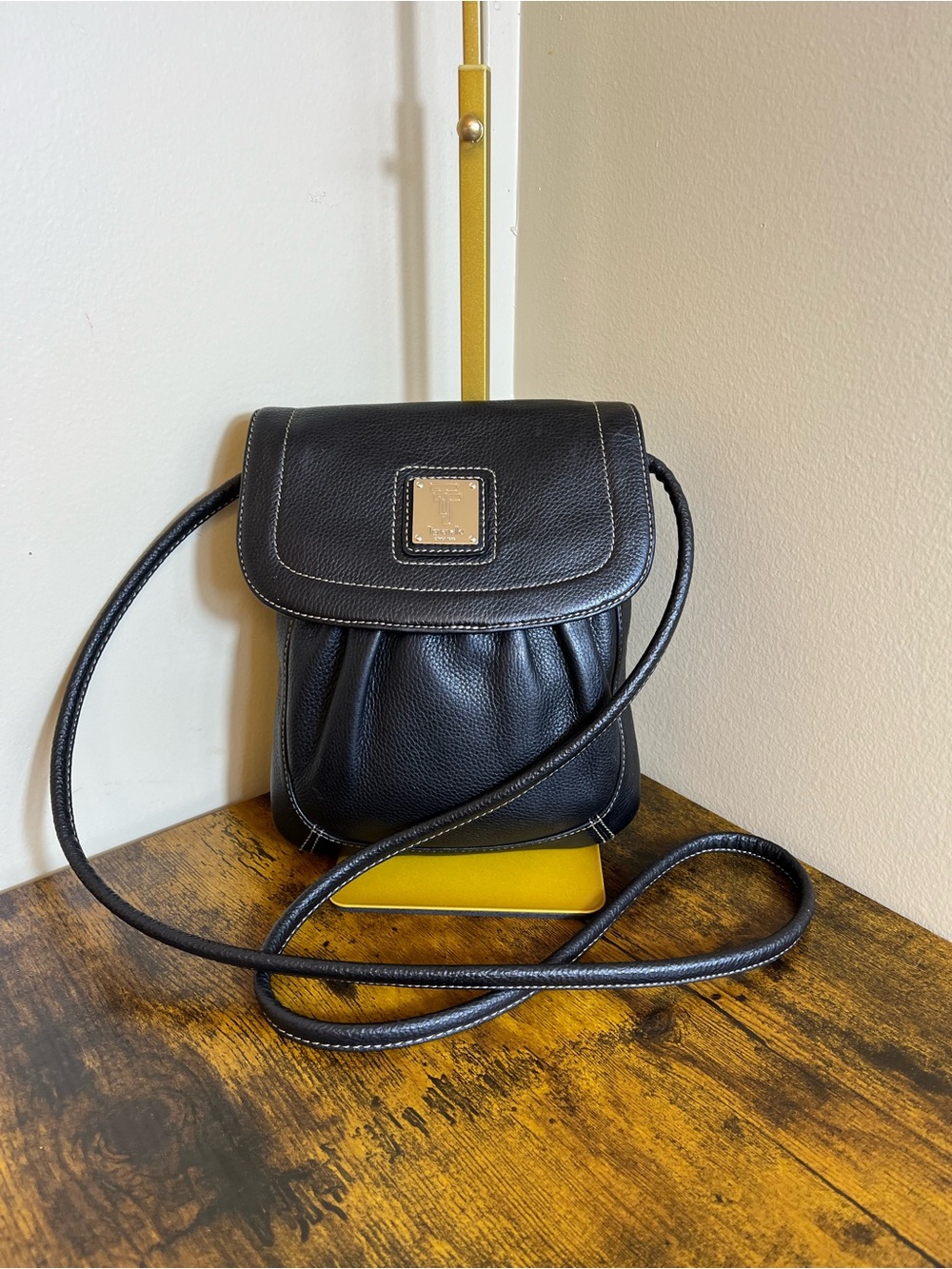 Tignanello Black Pebbled Leather Crossbody with silver logo